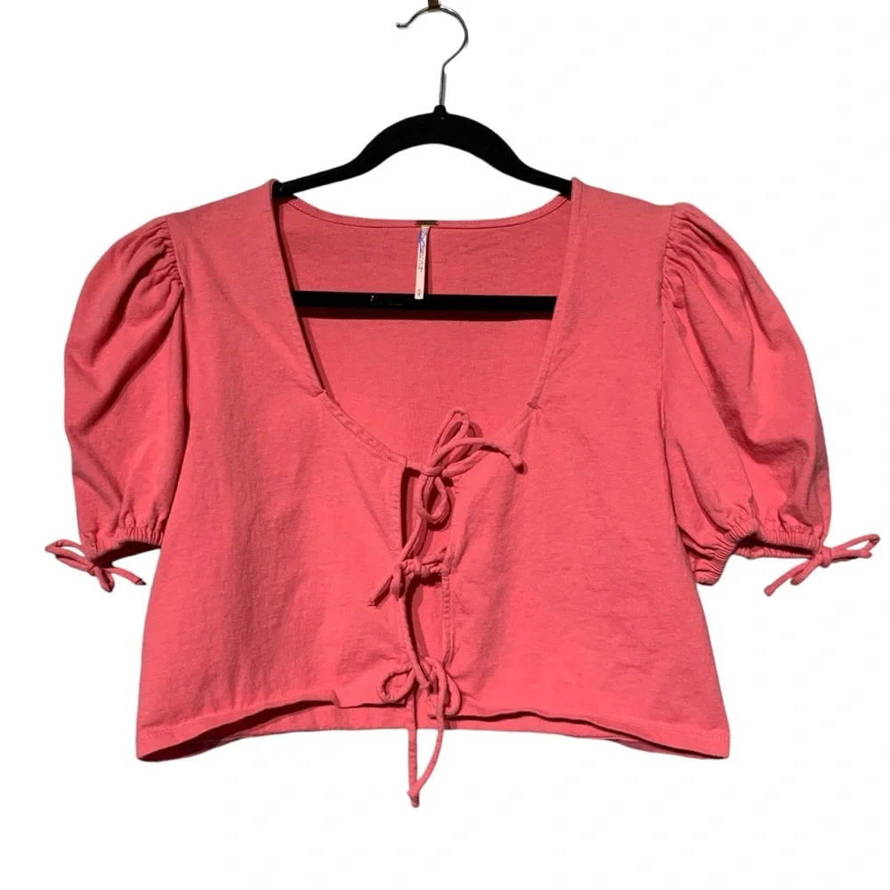 Free People Kitty Tie Front‎ Crop Top Puff Sleeve Pink Romantic M